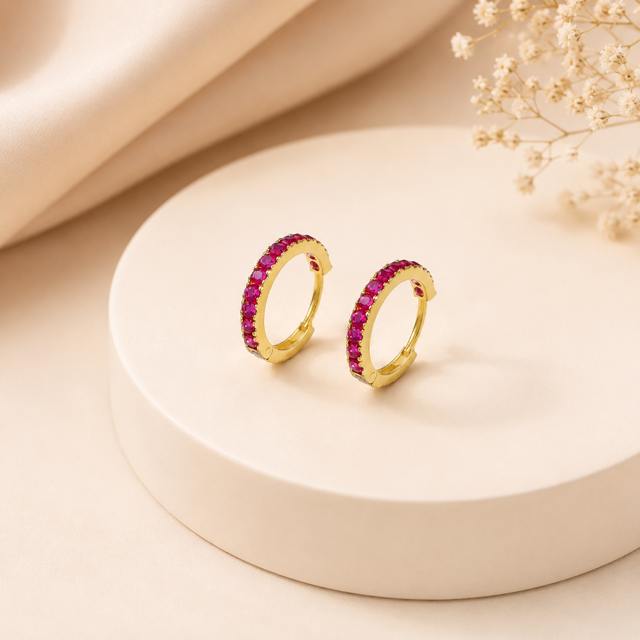 Teena Pink Stone Hoops Gold Earrings