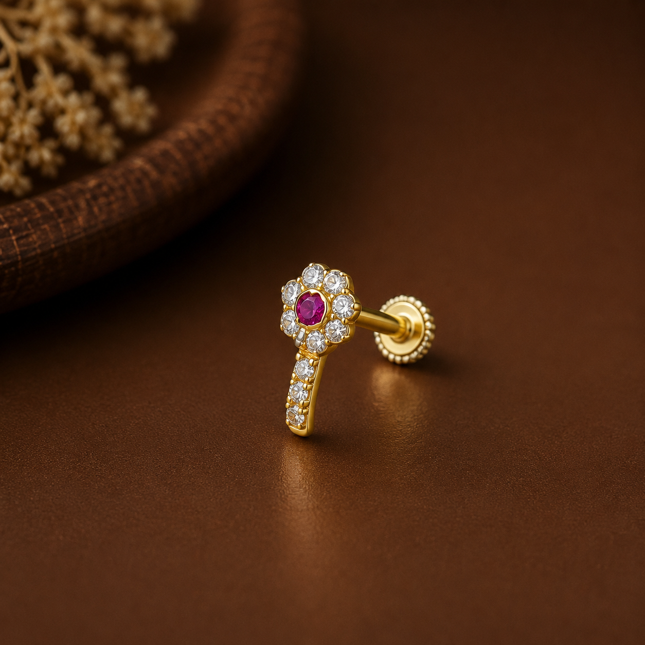 Ruby Halo Drop Gold Nose Pin