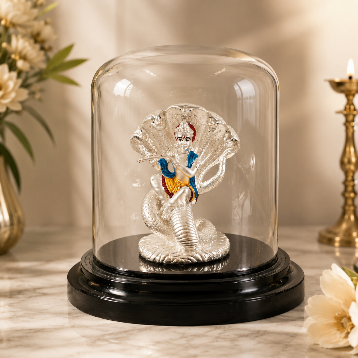 Silver Krishna Idol On Kaliya Naag