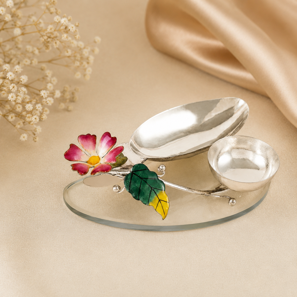 Beautiful Silver Diya Roli Rice Stand