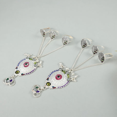 Rangrez Payal - Traditional silver toe ring set with colourful meenakari work