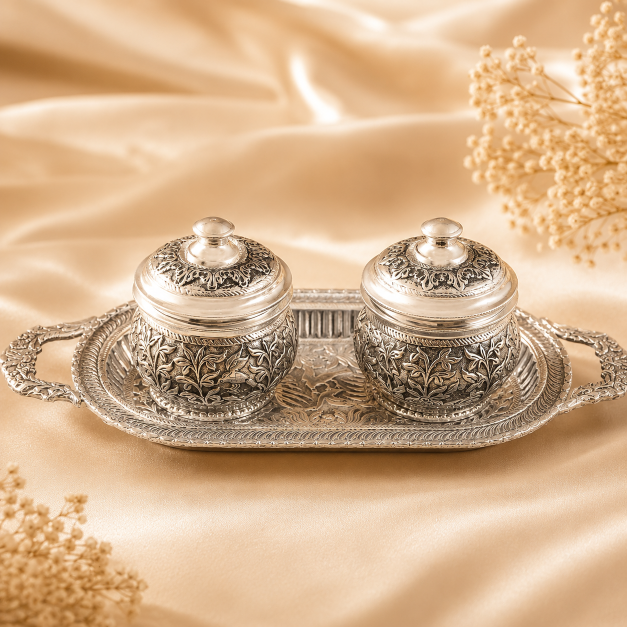 Antique Silver Tray and Dry Fruit Box Set
