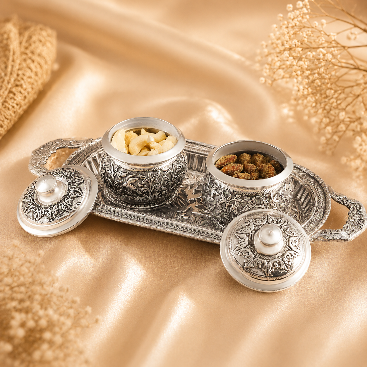 Antique Silver Tray and Dry Fruit Box Set