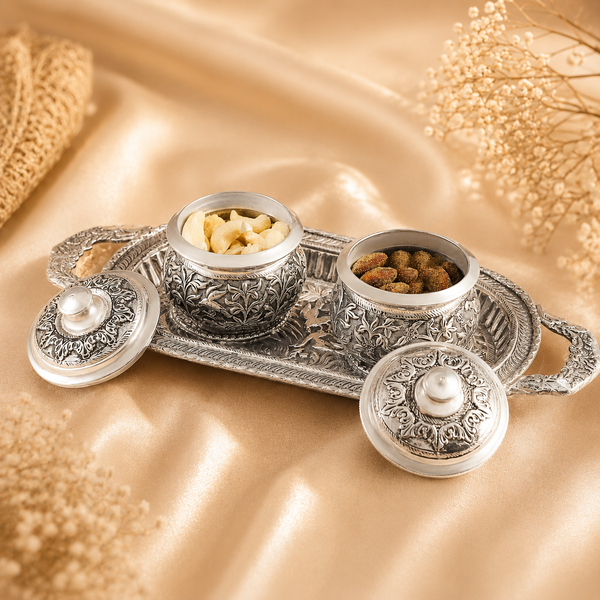 Antique Silver Tray and Dry Fruit Box Set