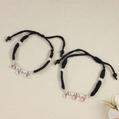 Rani Black Thread Silver Anklets