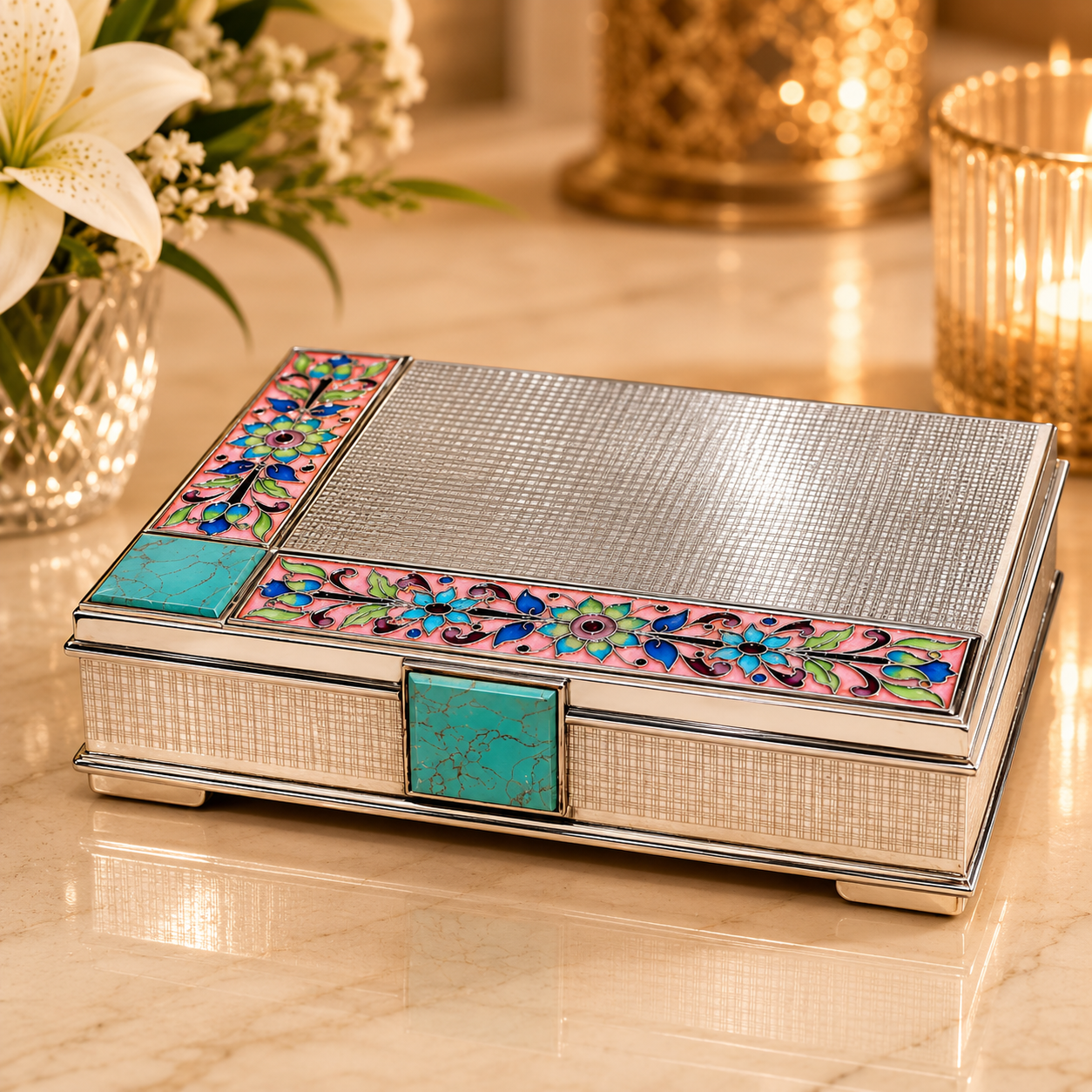 Enamel Floral Silver Box