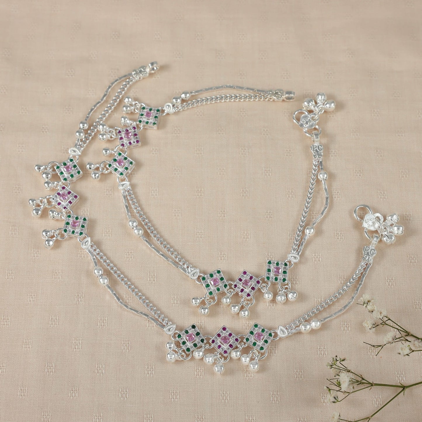 Aditi Pearl Charm Silver Anklets