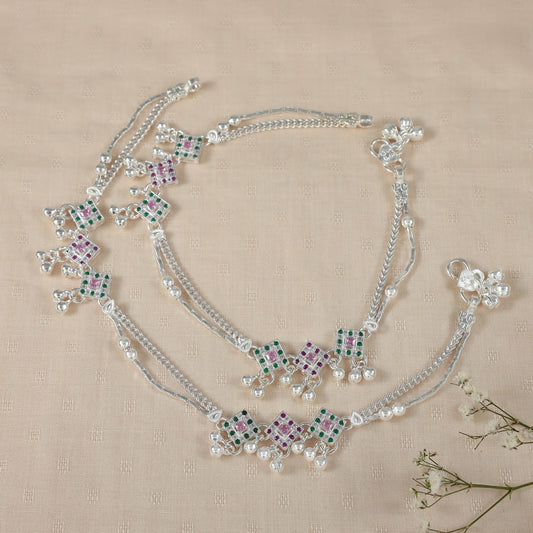 Aditi Pearl Charm Silver Anklets