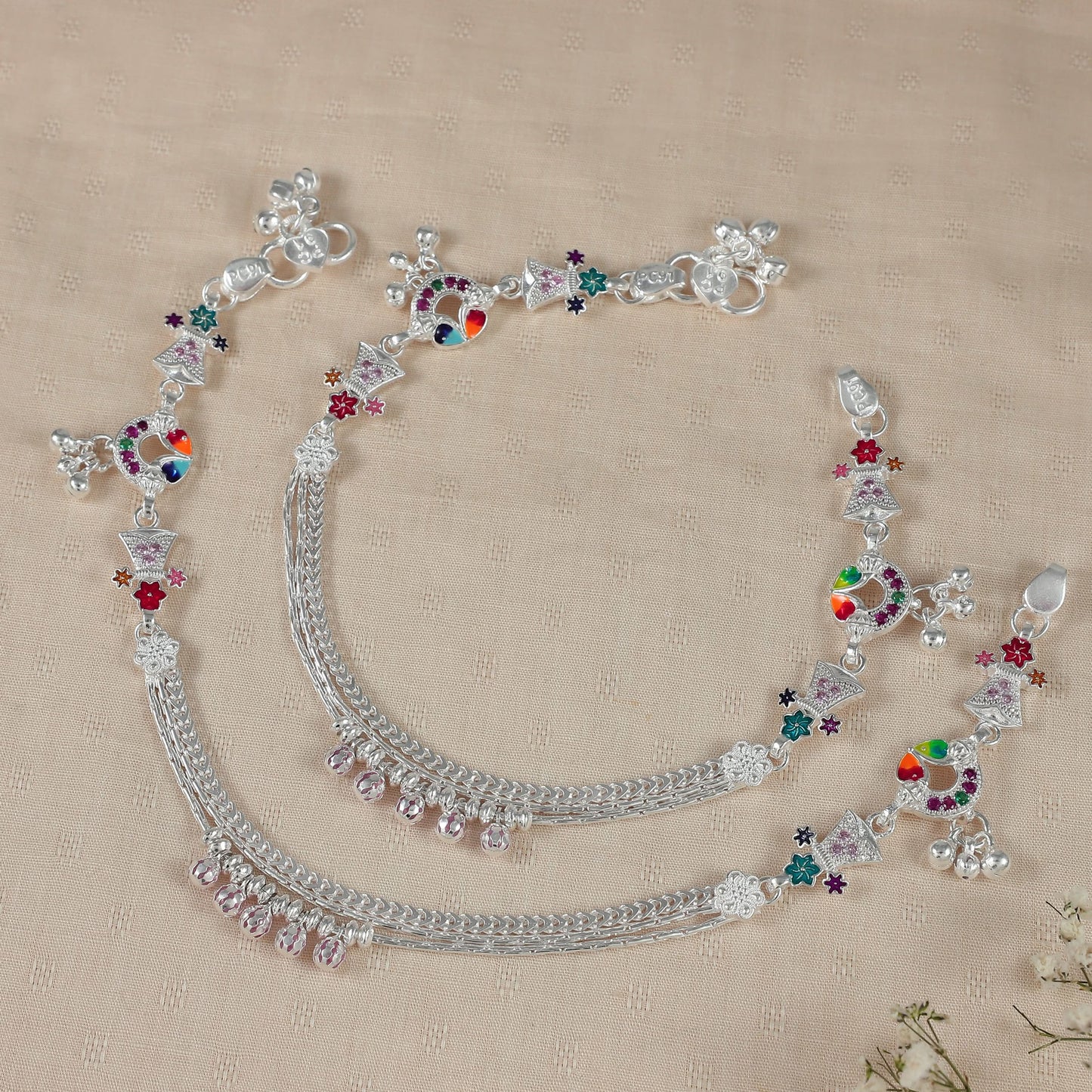 Rainbow Bloom Silver Anklets
