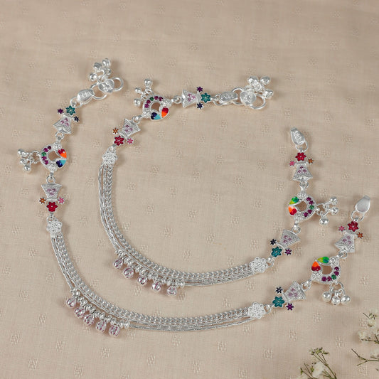 Rainbow Bloom Silver Anklets