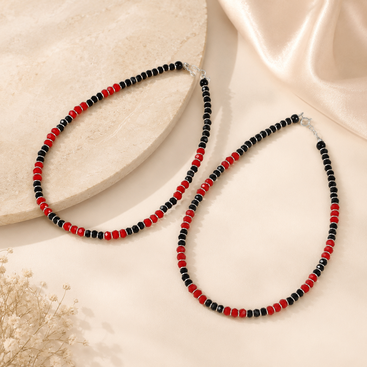 Priya Red Black Charm Silver Anklets