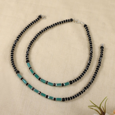 Seema Black Beaded Traditional Charm Silver Anklets