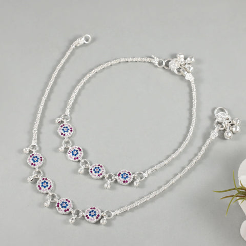 Jivika Pink & Blue Silver Anklets
