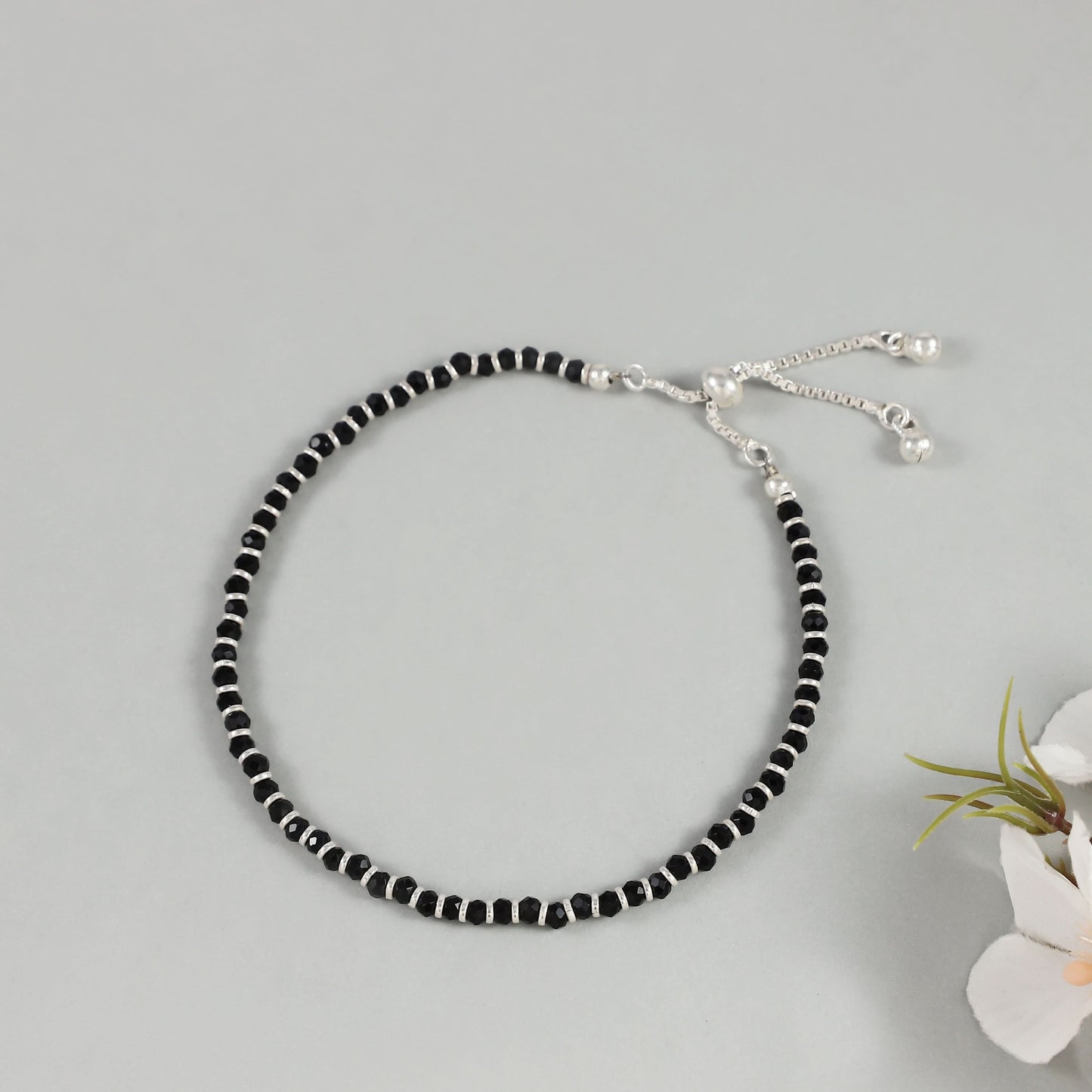 Aditi Black Beaded Silver Anklets