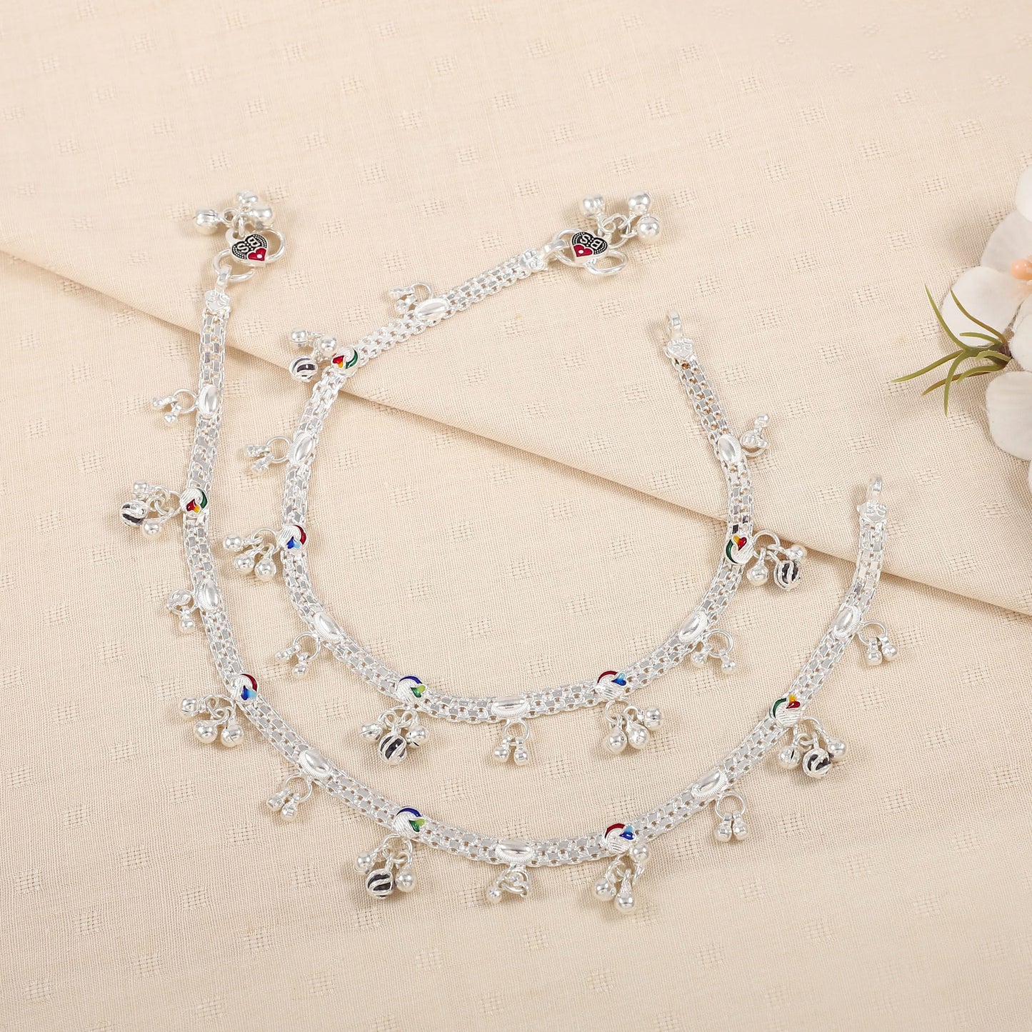 Aditi Silver Anklets With Enamel Hearts