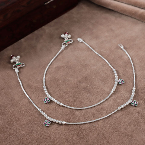 Radhika Floral Bead Silver Anklets