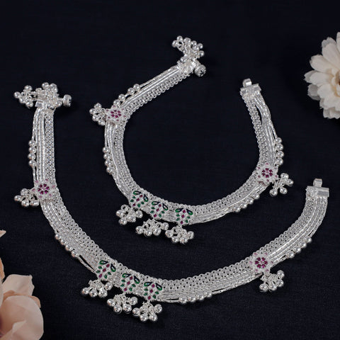 Nyra Floral Meenakari Silver Anklets