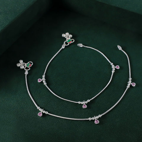 Amaira Pink Heart Drops Silver Anklets
