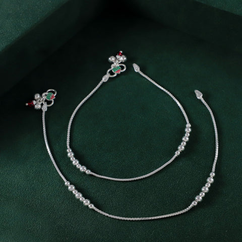 Diya Glossy Bead  Silver Anklets