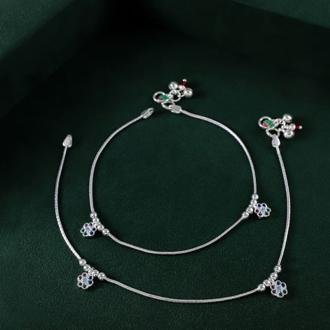 Reeva Graceful Silver Blossom Silver Anklets