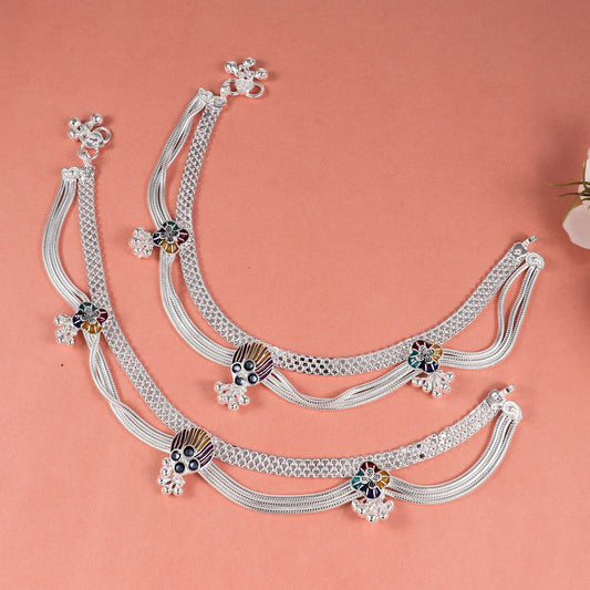 Bhavya Triple Chain Design Silver Anklets