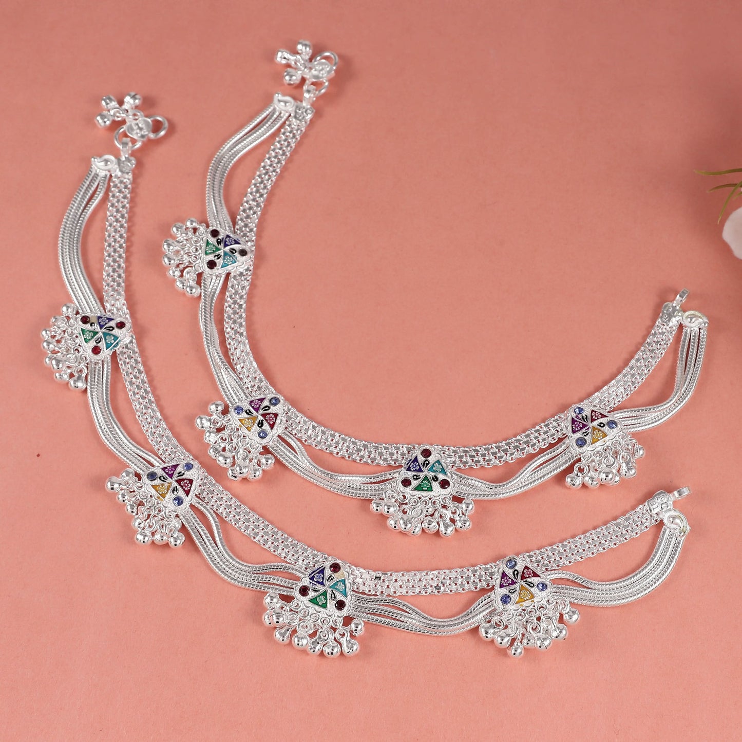 Kashvi Multi-Color Silver Anklets