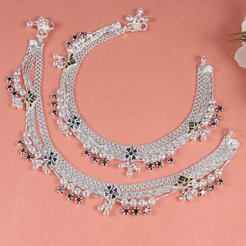 Devika Ghunghroo Phool Payal Silver Anklets