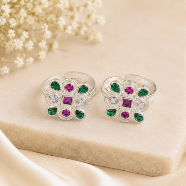 Meera Colorful Cluster Silver Toe Rings