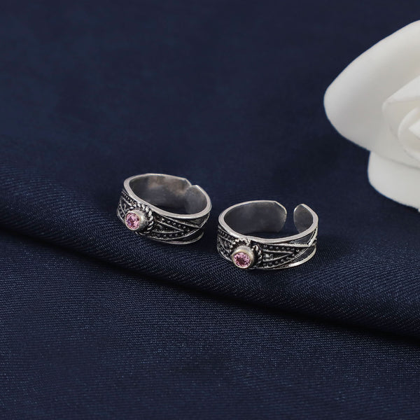 Bhavya Engraved Pink Silver Toe Rings