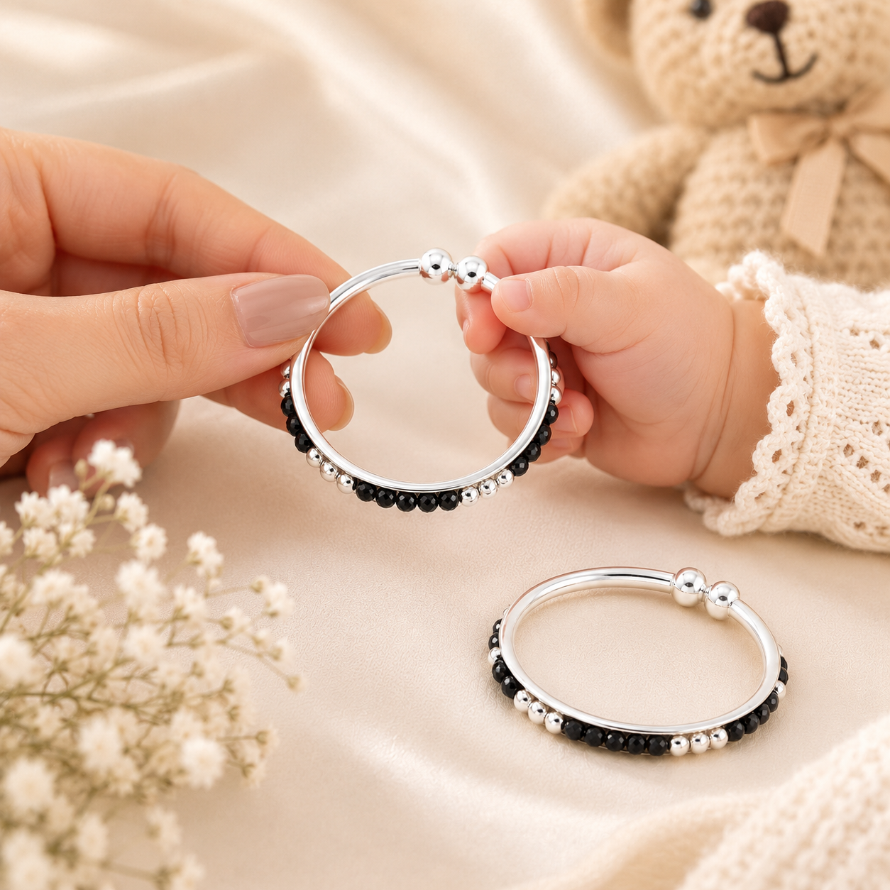 Shimmer Bead Silver Baby Nazariya Bangles
