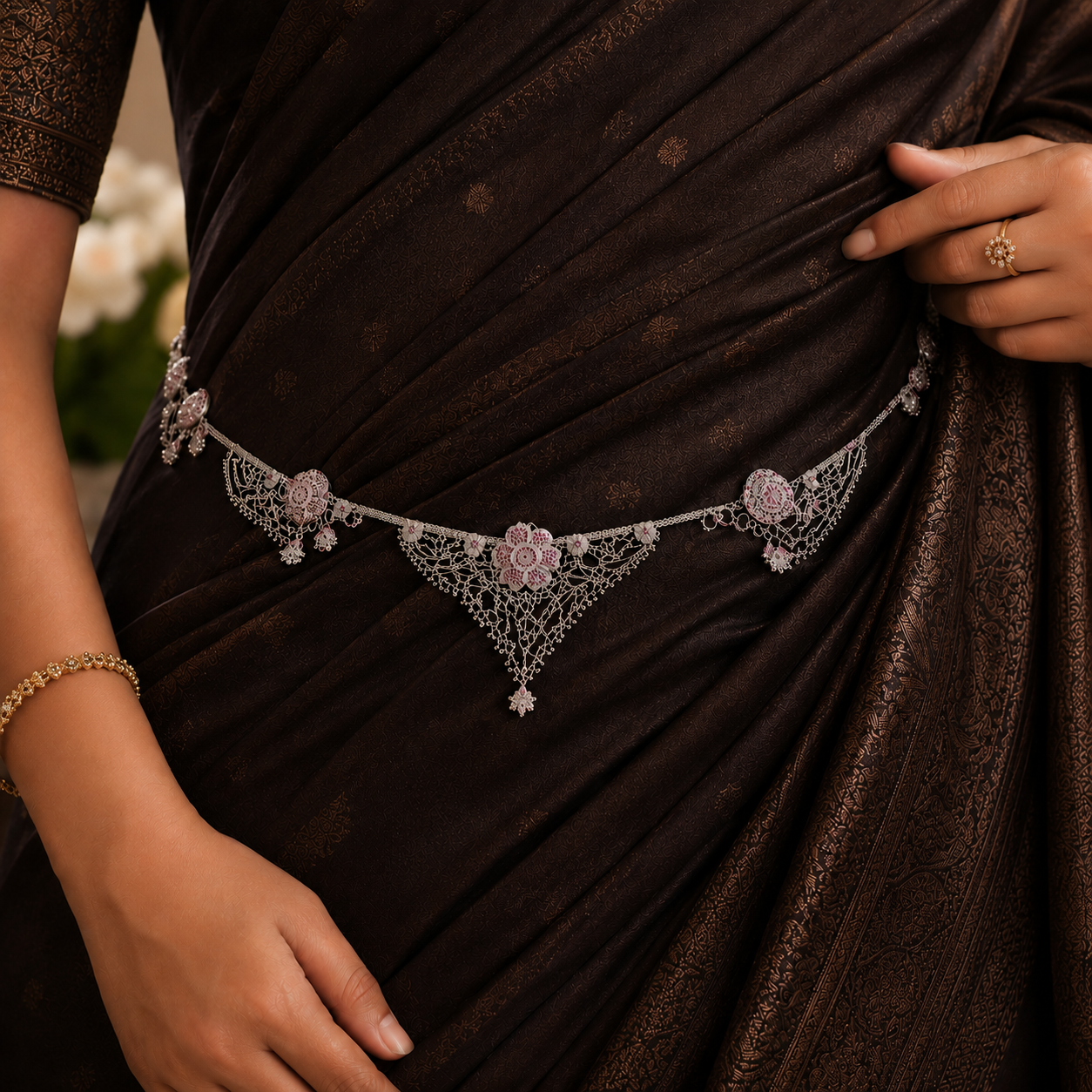 Ruhani Floral Silver Waist Chain