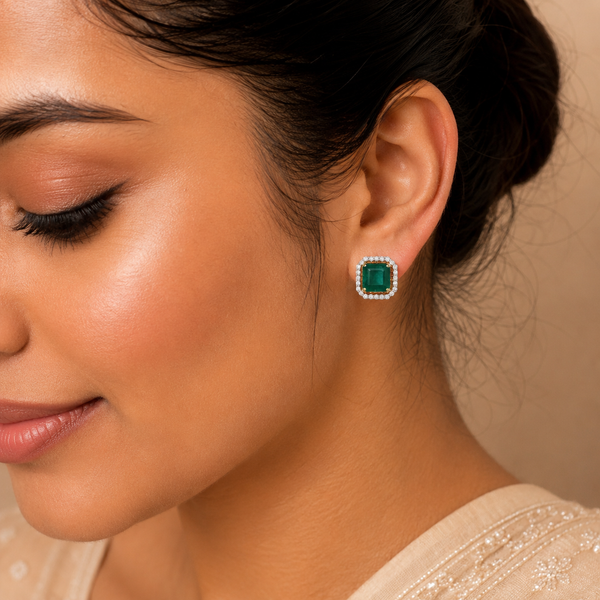 Zarina Emerald Halo Diamond Studs