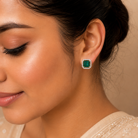 Zarina Emerald Halo Diamond Studs