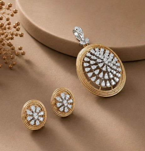 Oval Floral Diamond Pendant Set