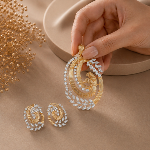 Spiral Leaf Diamond Pendant Set