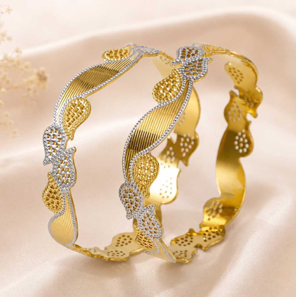 Dual-Tone Floral Gold Bangles
