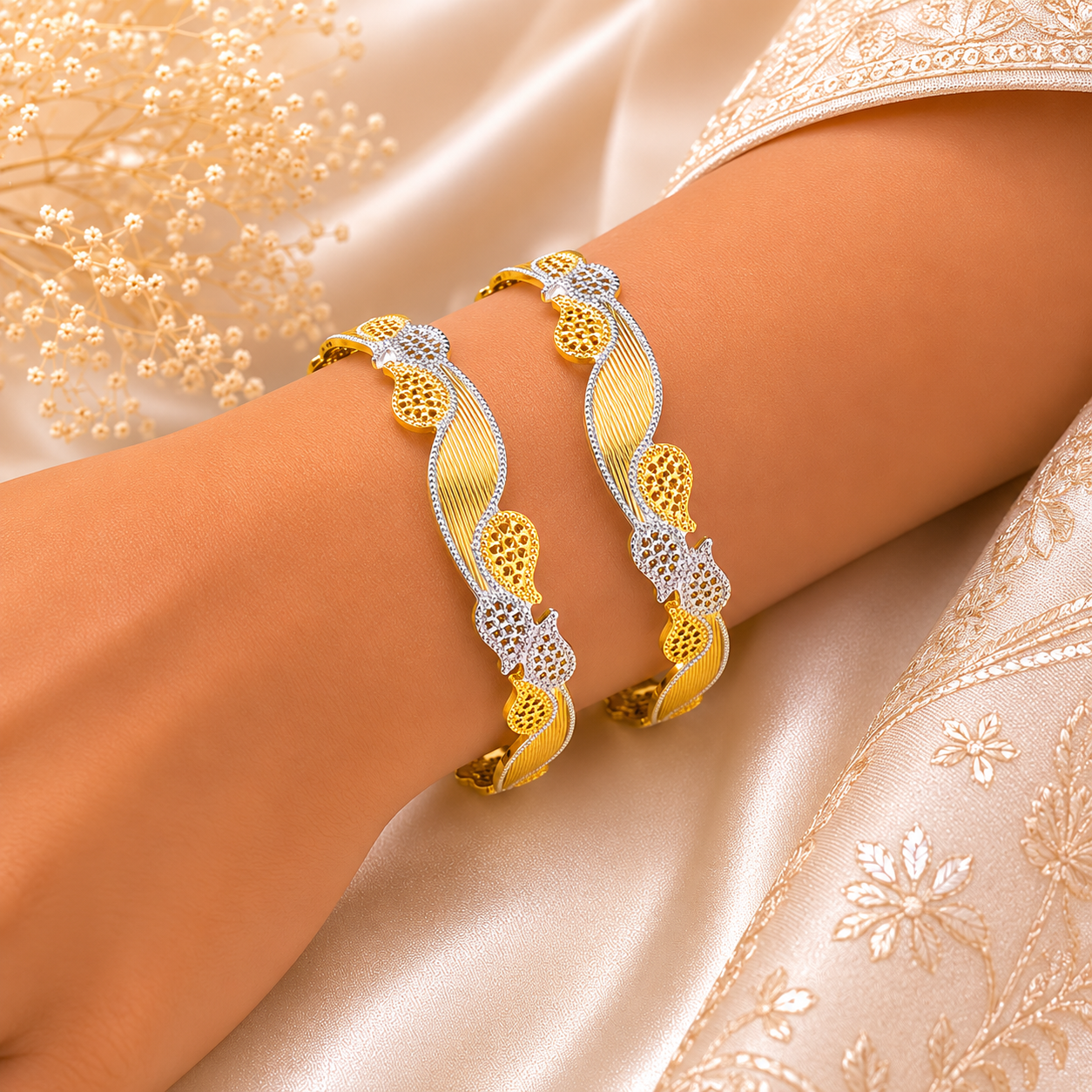 Dual-Tone Floral Gold Bangles