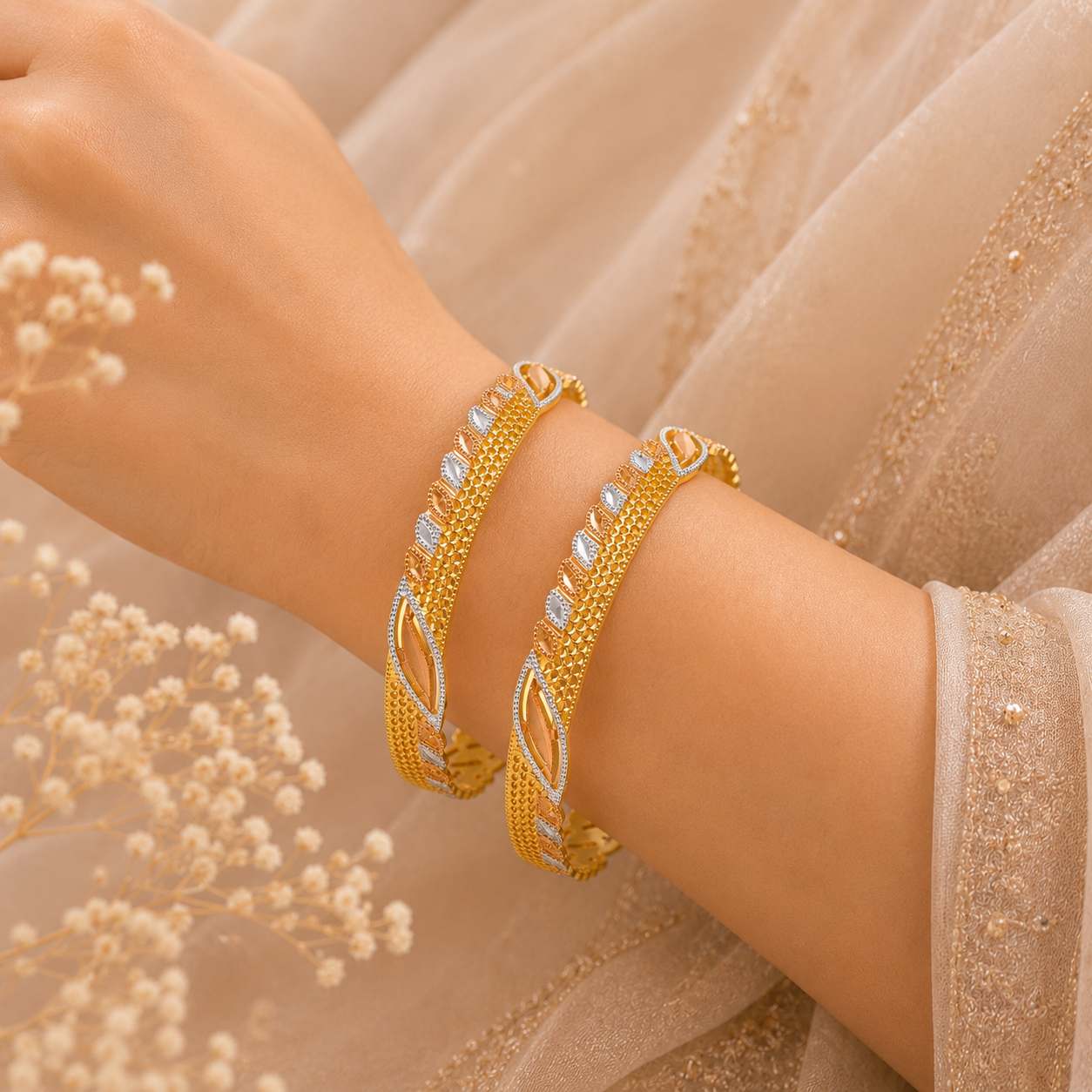 Dual-Tone Leaf Pattern Gold Bangles