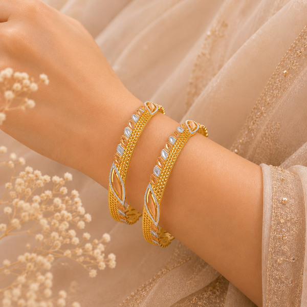 Dual-Tone Leaf Pattern Gold Bangles