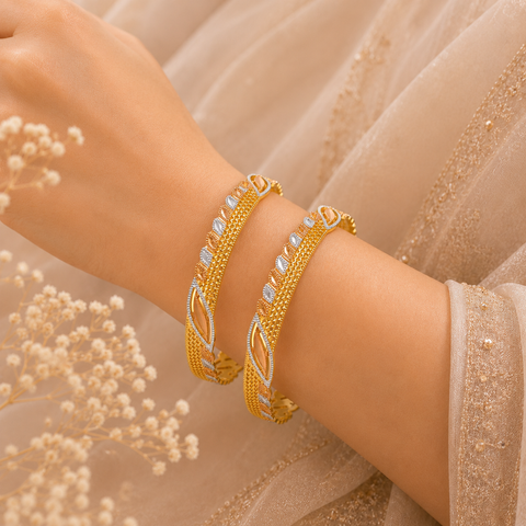 Dual-Tone Leaf Pattern Gold Bangles