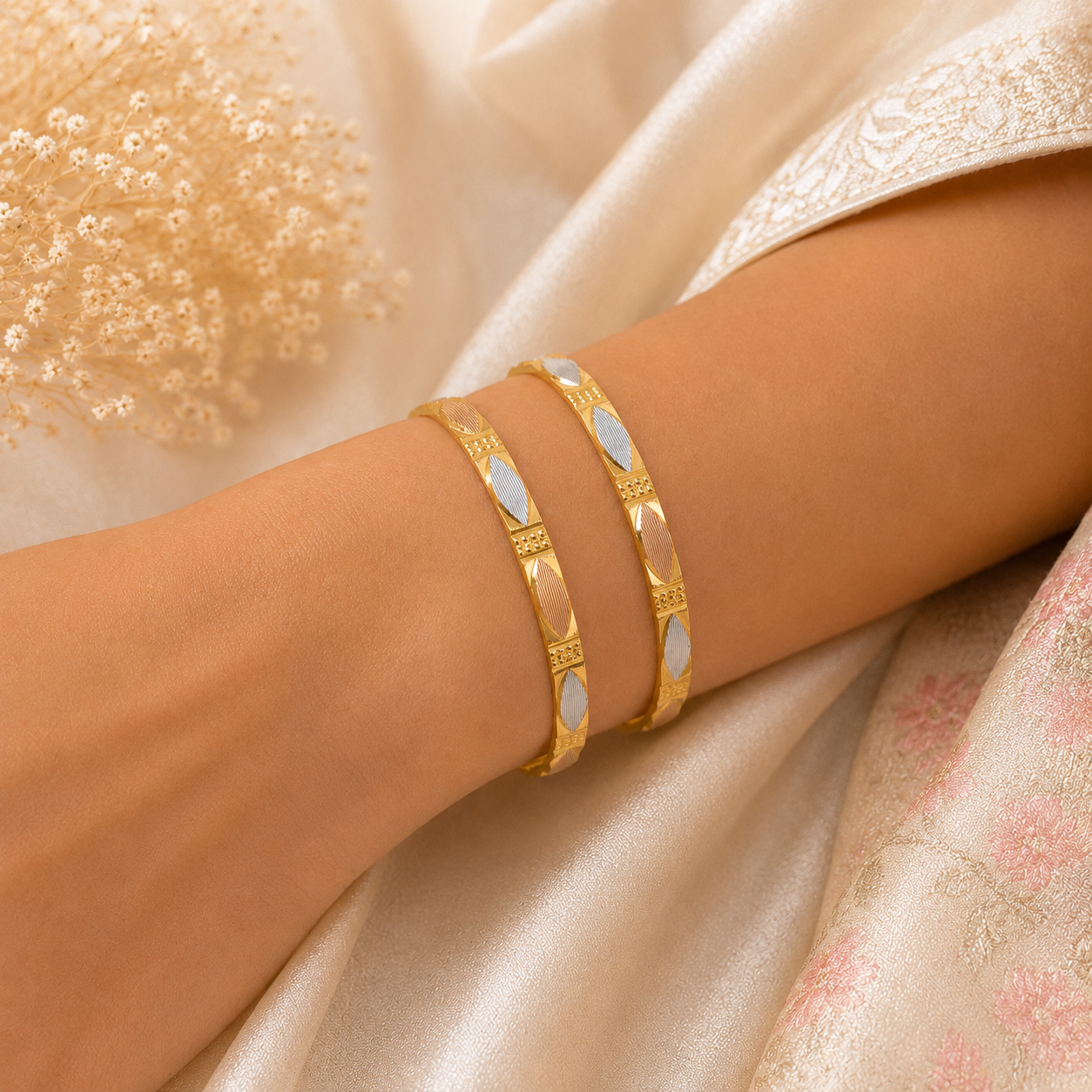 Tri-Color Leaf Pattern Gold Bangles