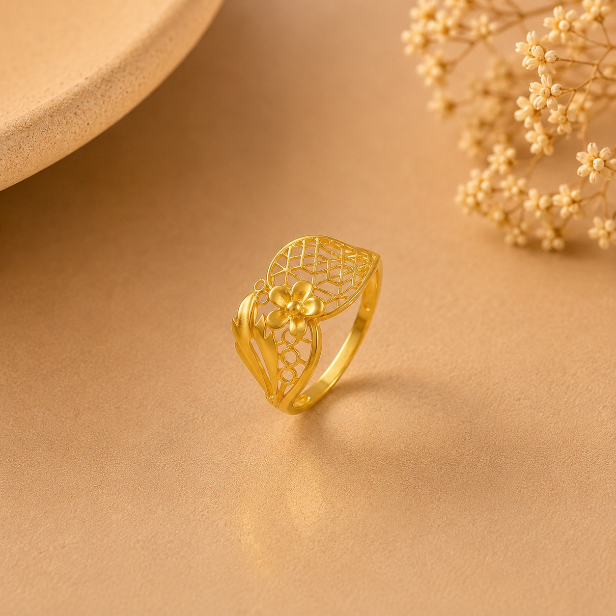 Rishika Floral Mesh Gold Ring