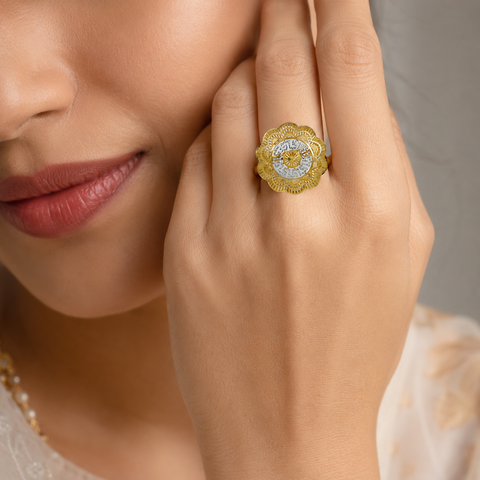 Aarvika Regal Dual-Tone Floral Gold Ring
