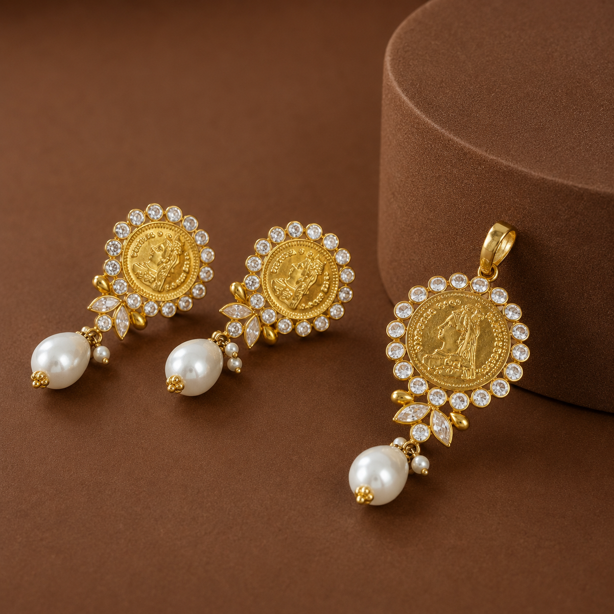 Vintage Queen Coin & Pearl Drop Gold Pendant Set