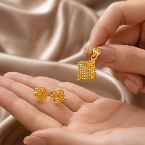 Myra Geometric Gold Mesh Pendant Set