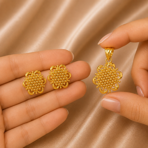 Noor Floral Granule Heritage Gold Pendant Set