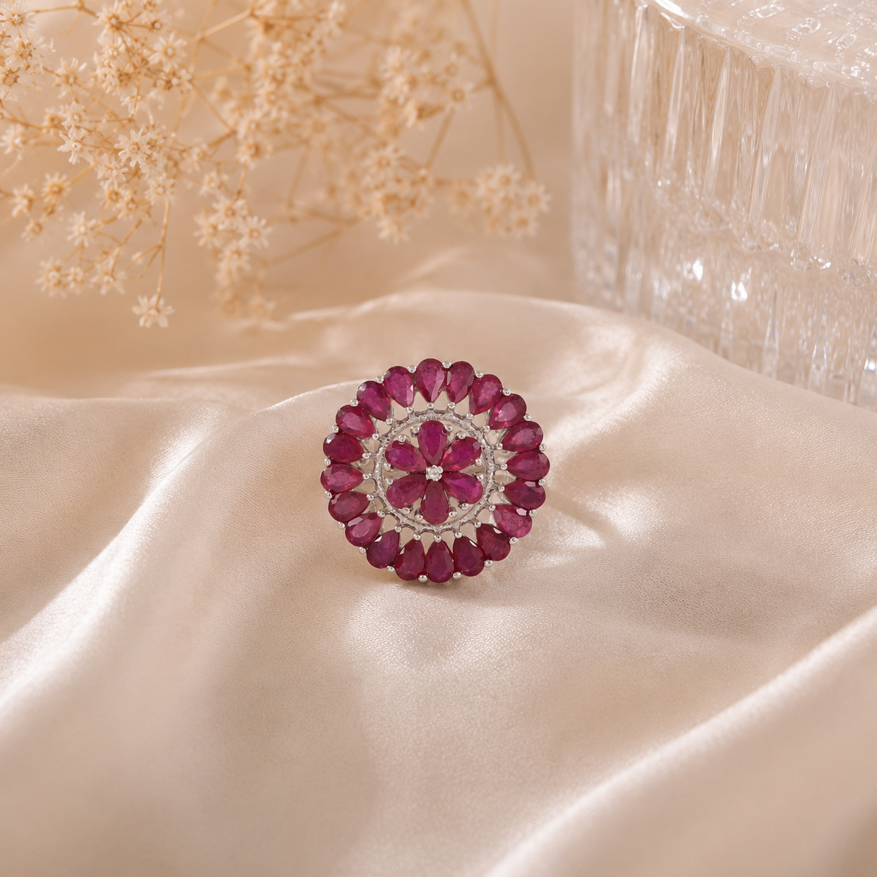 Crimson Bloom Silver Ring