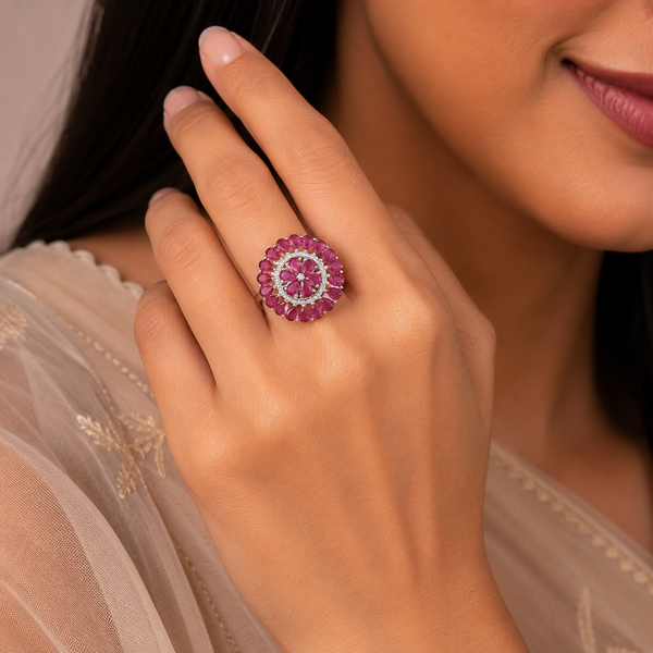 Crimson Bloom Silver Ring