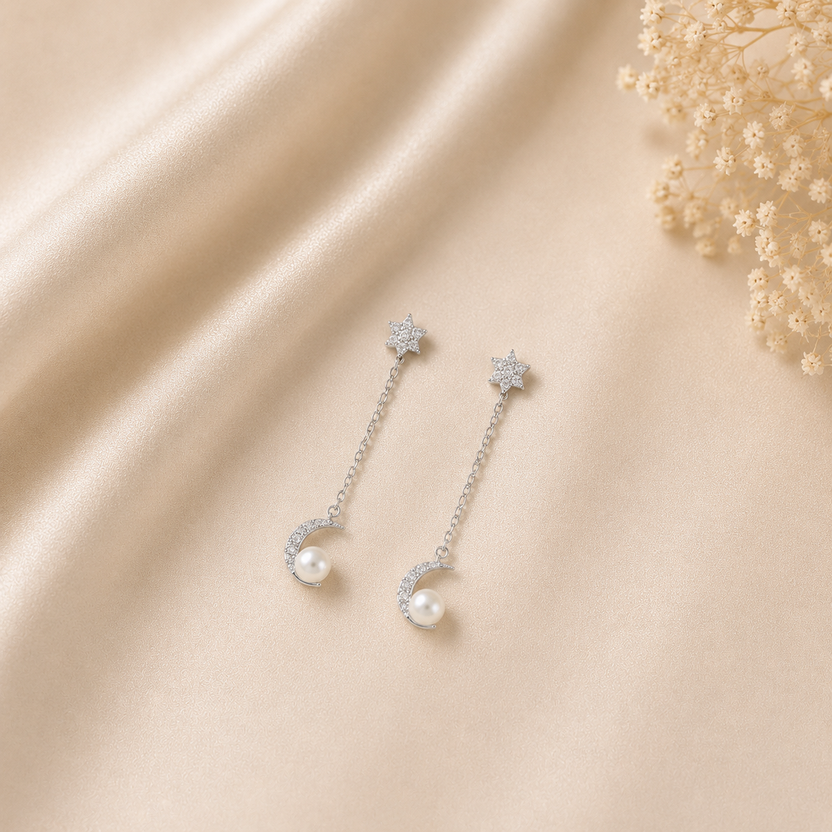 Riva Pearl Moon Star Silver Earrings