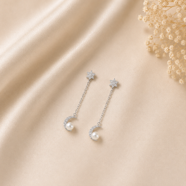 Riva Pearl Moon Star Silver Earrings